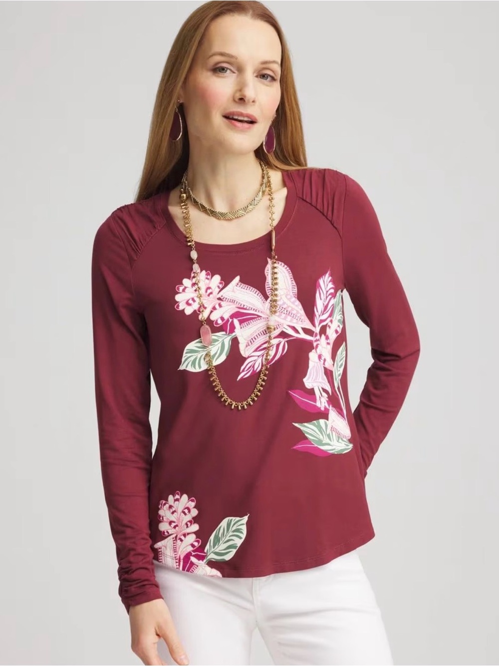 Chico’s Maroon Gathered Touch of Cool Floral Tee Size 1 Reg 8/10 Med NWT